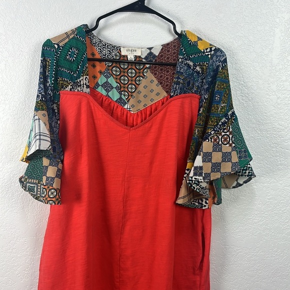 Umgee Orange/Red and Multi Color Flutter Sleeve Tunic/Dress sz L Bohemian Boho - Picture 6 of 10